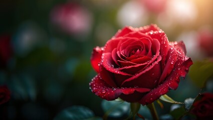 Fototapeta premium Vibrant red rose blooming in a garden. Capturing the essence of love. Beauty. And romance. With glistening water drops adorning petals under soft natural light