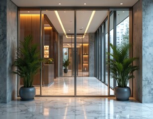 Obraz premium Modern office interior with glass doors and steel frames. Lush potted plants flank the entranceway. Inside, a well lit corridor leads to meeting rooms and reception area.