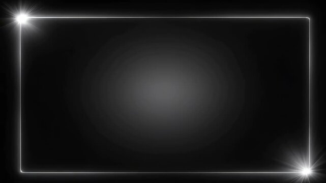 Glowing Neon Rectangle Frame With Sparkles On A Dark Gradient Background And Subtle Lens Flare Effect