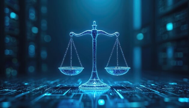 Scales of justice illuminated on futuristic circuit board backdrop. Symbolizes digital law fairness balance and legal tech in court. Abstract concept of right judgment.