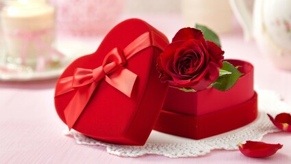 Red heart shaped gift box with ribbon bow and single fresh red rose nestled on white lace doily against soft pink background, evoking romance, celebration, and affection