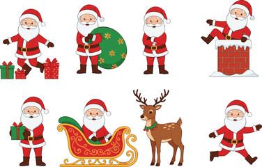 Obraz premium Collection of cute cartoon Santa Claus characters in different poses with reindeer, cad drawing flat vector illustration for Christmas.