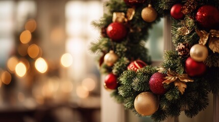Festive green wreath with red and gold ornaments framing cozy interior