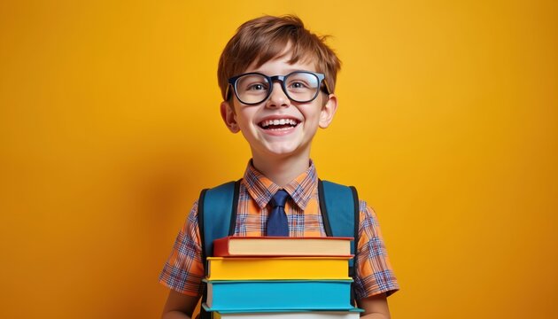 Smiling school boy with glasses and backpack holds stack of books. He looks happy for back to school day. He is ready for education and new learning. - Powered by Adobe