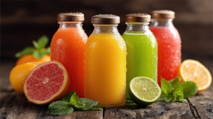 Four vibrant fruit juice bottles with citrus halves and fresh mint on wood