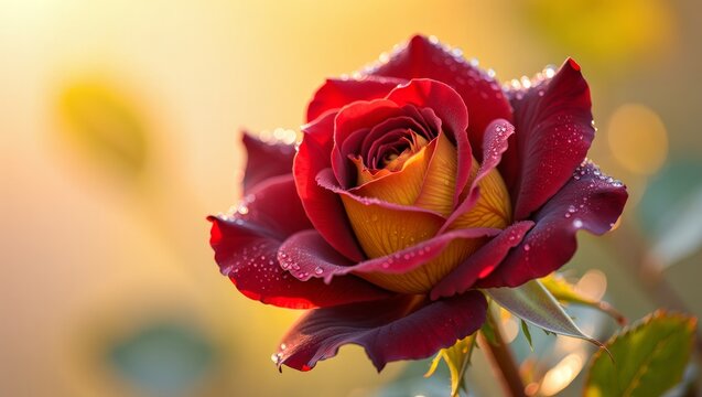 Red and yellow rose with dew drops on petals, blooming in a vibrant garden, lit by warm morning sunlight, representing beauty, freshness, and nature - Powered by Adobe
