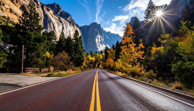 Scenic autumn road through Yosemite Valley - Powered by Adobe