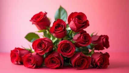 Red roses bouquet symbolizing love, romance, and a romantic gesture for valentine's day, anniversaries, or special celebrations, resting on a vibrant pink background