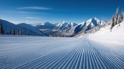 Freshly groomed snowy ski slope with clear tracks to distant mountains