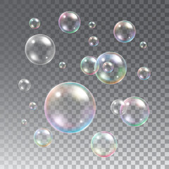 Realistic transparent soap bubbles with iridescent rainbow colors floating against a dark checkered background