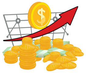 Golden coins and a rising red arrow symbolizing financial growth and increasing profits against a stylized grid background