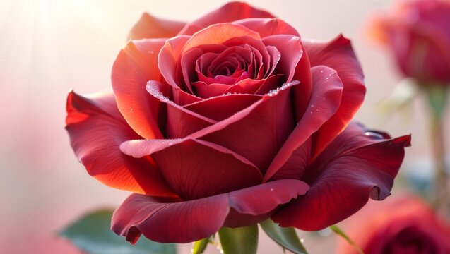 Red rose bloom showing vibrant petals adorned with sparkling dew drops, bathed in the soft glow of morning sunlight, symbolizing passion, romance, and natural beauty