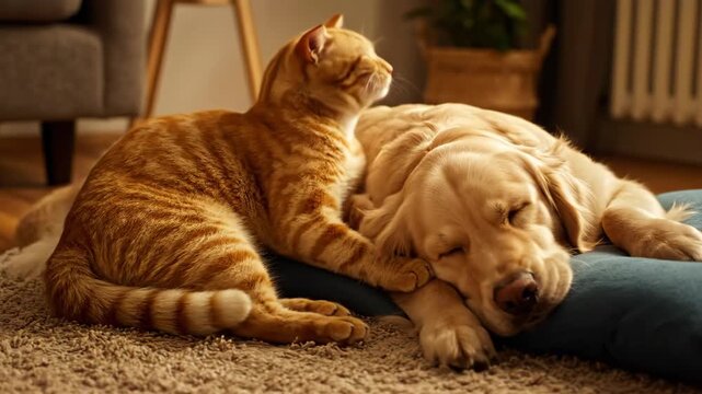 A content image features an orange tabby cat snuggling a golden retriever. Both pets are asleep, laying close together on a blue cushion