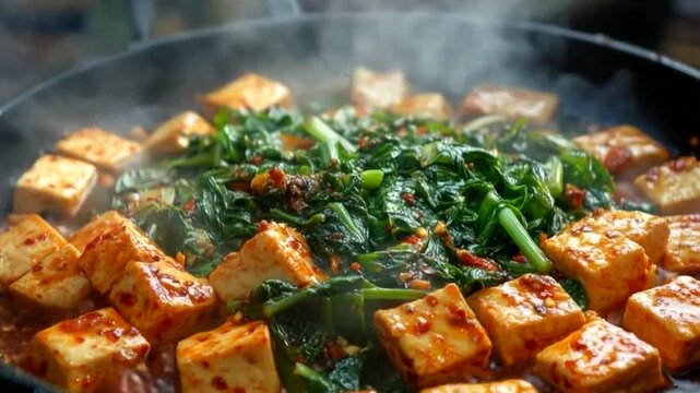 Spicy tofu and greens sizzling in a pan, a delicious and healthy asianinspired dish