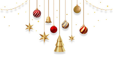 Festive christmas ornaments and stars hang against a transparent  PNG background with twinkling lights and snowflakes