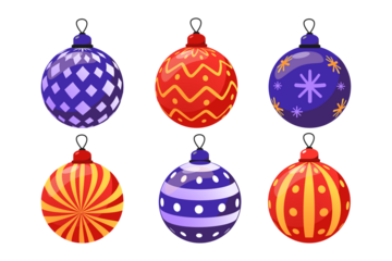 Six festive christmas tree ornaments with intricate patterns in blue purple and orange on a transparent  PNG background