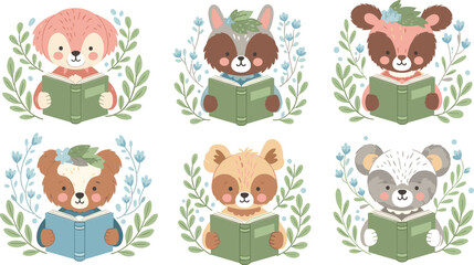 Set of cute cartoon woodland animals reading books with floral wreaths, cad drawing flat vector illustration for children education.