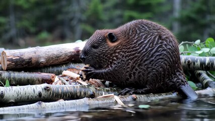 North american beaver eating near water wildlife animal behavior concept