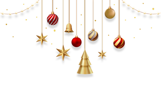 Festive christmas ornaments and stars hang against a transparent  PNG background with twinkling lights and snowflakes