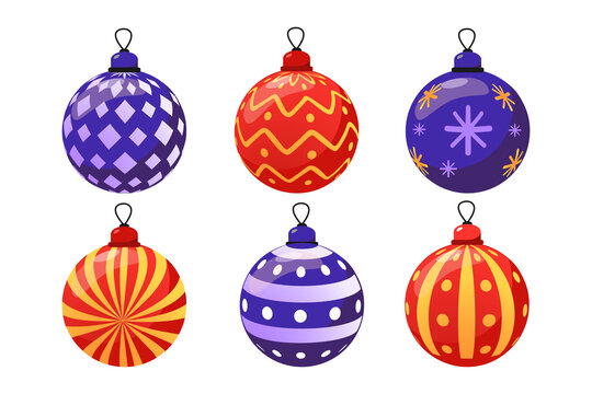 Six festive christmas tree ornaments with intricate patterns in blue purple and orange on a transparent PNG background
