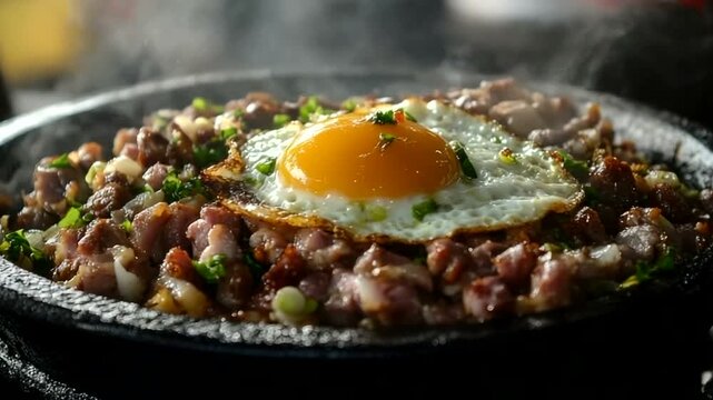 Filipino sisig sizzling in a hot stone bowl topped with a fried egg, a savory and spicy delicacy