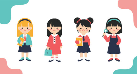 Four diverse cartoon girls in school uniforms with books and bags.