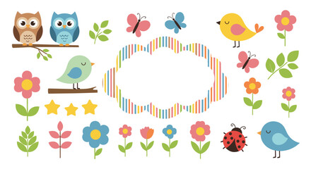 Cute collection of spring-themed cartoon illustrations with birds, owls, butterflies, flowers, and ladybugs.