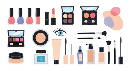 Collection of various makeup products and beauty items arranged on a white background.