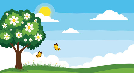 A bright and cheerful spring scene with a blooming tree, butterflies, and fluffy clouds in a blue sky.