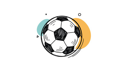 Hand-drawn soccer ball with colorful abstract shapes and doodles on a white background.