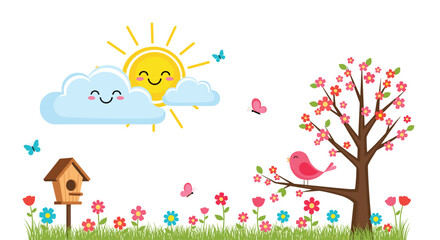 Cute cartoon illustration of a happy sun and clouds in a spring meadow with flowers and a bird.