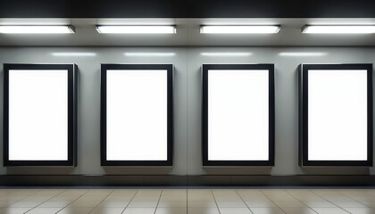 Four empty digital advertising boards stand in bright modern subway station. Blank panels await new posters digital content. Positioned on clean wall with overhead lighting fixtures. Space for