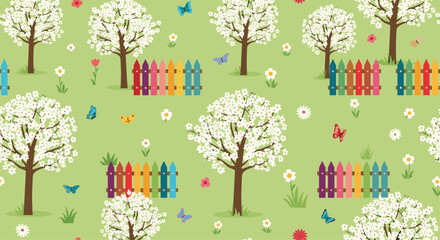 Whimsical spring garden scene with blooming trees, colorful fences, and butterflies.