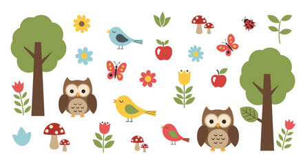 Cute cartoon forest animals and nature elements with trees, owls, birds, butterflies, mushrooms, and flowers.