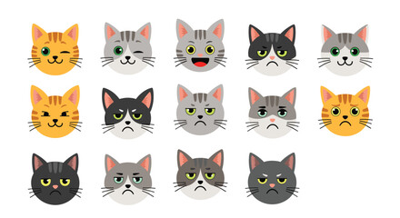 Collection of cartoon cat faces showing various emotions and expressions.
