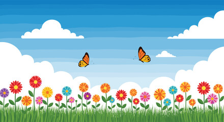 Bright meadow filled with colorful flowers and butterflies under a blue sky with clouds.