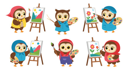 Six cute cartoon owls dressed in art smocks and hats paint various landscapes on easels.