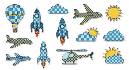 A collection of colorful cartoon aircraft, including rockets, airplanes, a hot air balloon, and a helicopter, set against a white background with sun and cloud elements.