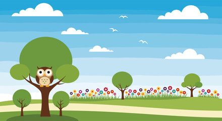 Cute cartoon owl perched on a tree in a colorful meadow with flowers and birds in the sky.