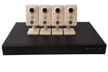 This digital illustration features a set of four CCTV cameras mounted on a black DVR system