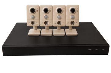 This digital illustration features a set of four CCTV cameras mounted on a black DVR system