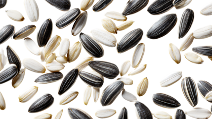 Scattered sunflower seeds, both whole black striped seeds and peeled white seeds