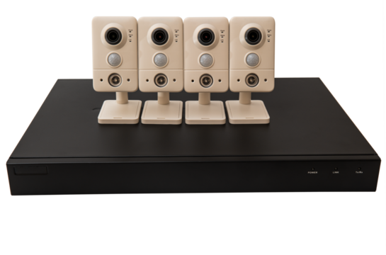 This digital illustration features a set of four CCTV cameras mounted on a black DVR system