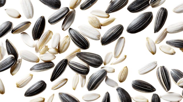 Scattered sunflower seeds, both whole black striped seeds and peeled white seeds