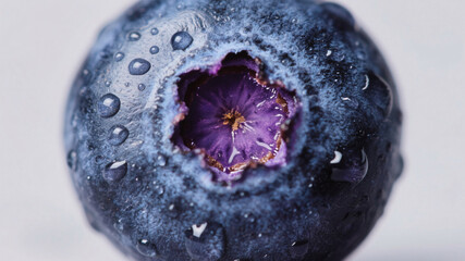 A hyper-detailed macro of a fresh blueberry cross-section with natural moisture and glossy reflections, highlighting antioxidant-rich nutrition as a preventive lifestyle habit for cancer-conscious wel