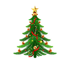 Festively decorated christmas tree with golden star on top and glowing lights on a transparent  PNG background