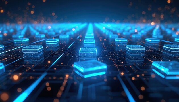 Glowing blue cubes on grid surface represent digital data storage. Illuminated blocks symbolize tech advancements. Futuristic background with orange dots, blue lines. Modern concept of cloud storage,