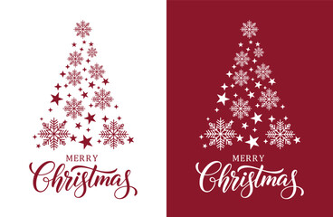 A mirrored Christmas design split between white and deep red backgrounds. Both sides feature the phrase "MERRY Christmas" in elegant script below a stylized Christmas tree shape composed of large snow