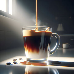  A shot of a clear glass mug filled with black coffee and a stream of hot, white milk being poured into it, creating a perfect brown-to-white gradient. Milk in motion, soft backlighting, minimalist ki