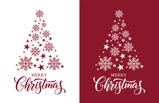 A mirrored Christmas design split between white and deep red backgrounds. Both sides feature the phrase "MERRY Christmas" in elegant script below a stylized Christmas tree shape composed of large snow